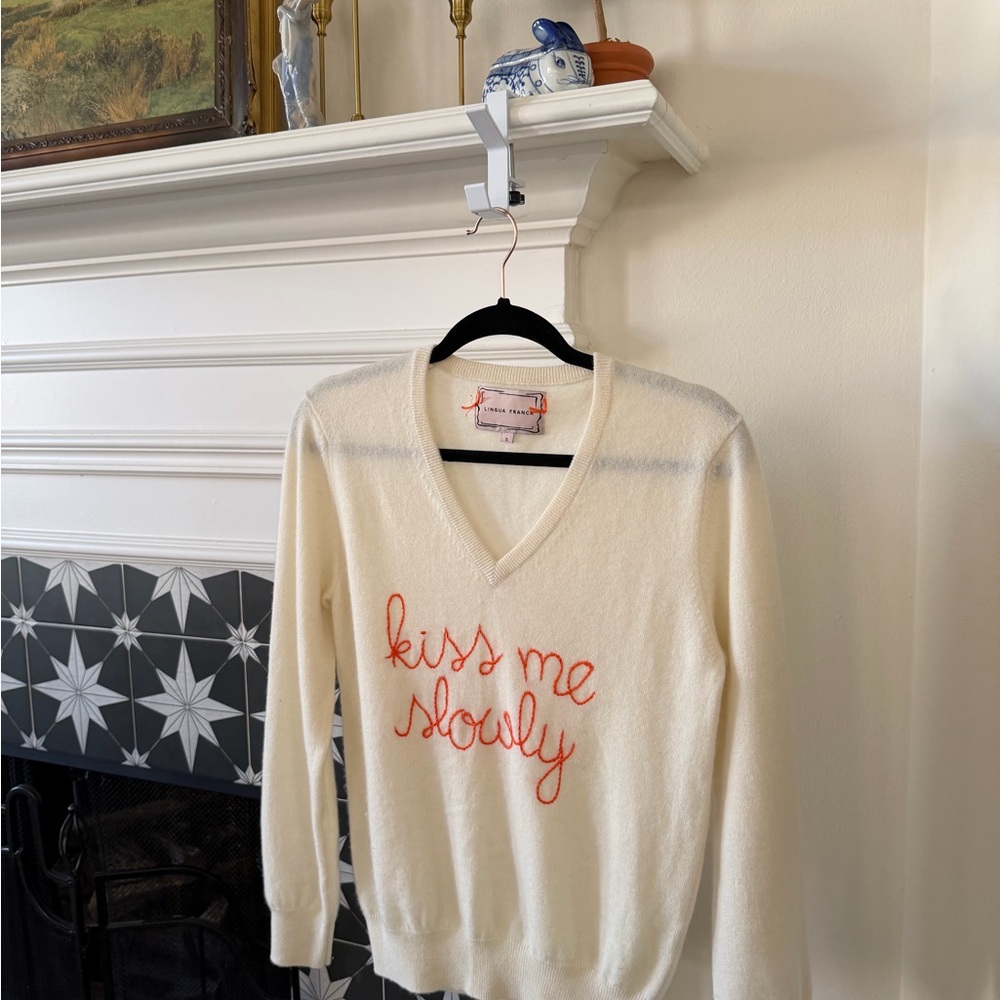 Lingua Franca Women's Cream Cashmere Sweater with Embroidery